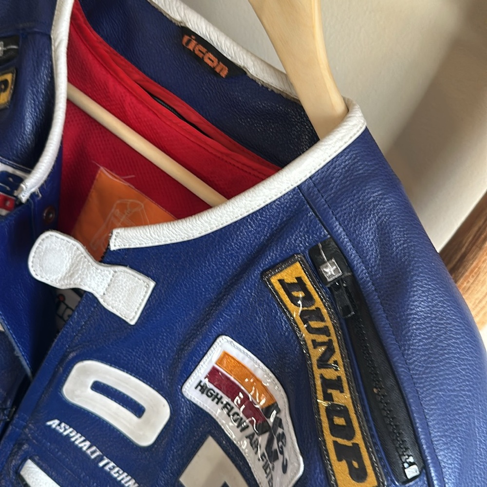 RARE ICON Flame Blue White Leather Patch Motorcycle Jacket with full padding - Picture 9 of 11